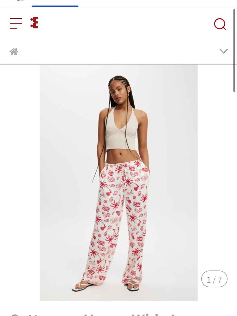 Cotton On Haven White & Red Printed Wide-Leg Linen Pants